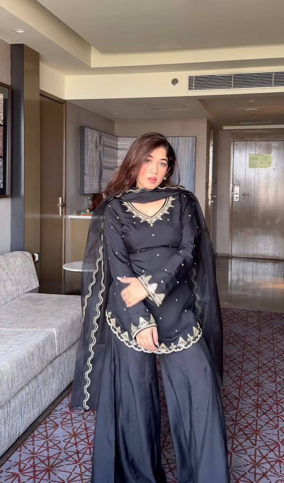 BLACK COLOR ROMAN SILK EMBROIDERD A-LINE KURTA SET OF 3