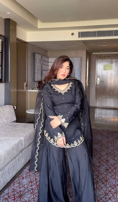 BLACK COLOR ROMAN SILK EMBROIDERD A-LINE KURTA SET OF 3