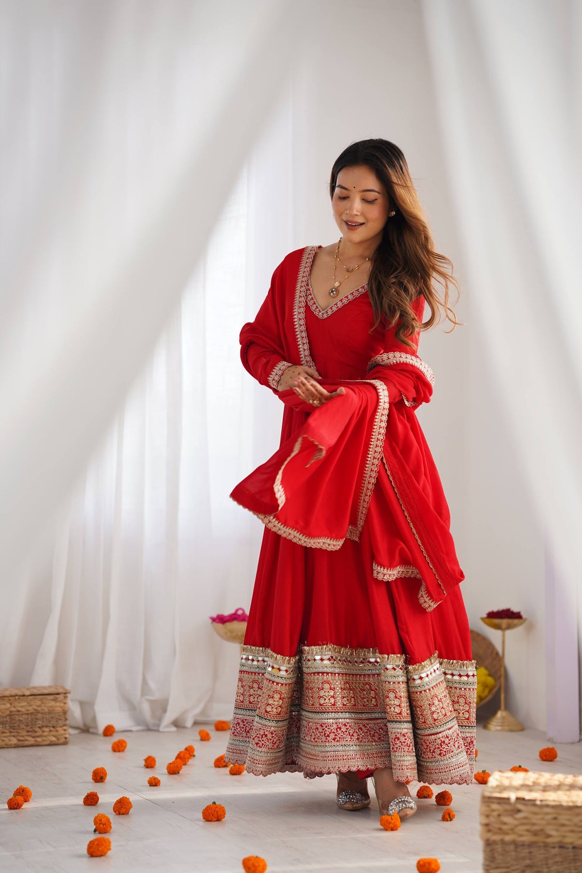 DESIGNER RED EMBROIDERED VICHITRA SILK ANARKALI GOWN WITH DUPATTA