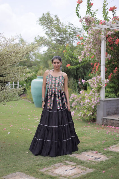 DESIGNER BLACK KORA COTTON KUTCHI EMBROIDERED PATCHWORK NAVRATRI LEHENGA CHOLI