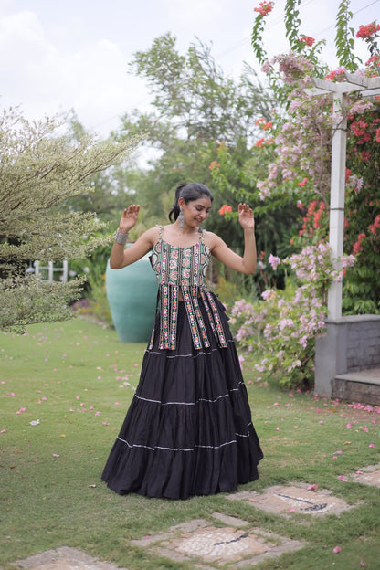 DESIGNER BLACK KORA COTTON KUTCHI EMBROIDERED PATCHWORK NAVRATRI LEHENGA CHOLI