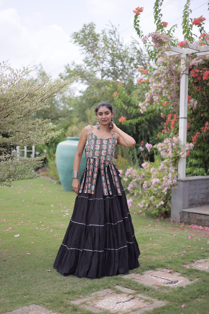 DESIGNER BLACK KORA COTTON KUTCHI EMBROIDERED PATCHWORK NAVRATRI LEHENGA CHOLI