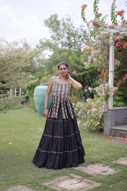 DESIGNER BLACK KORA COTTON KUTCHI EMBROIDERED PATCHWORK NAVRATRI LEHENGA CHOLI