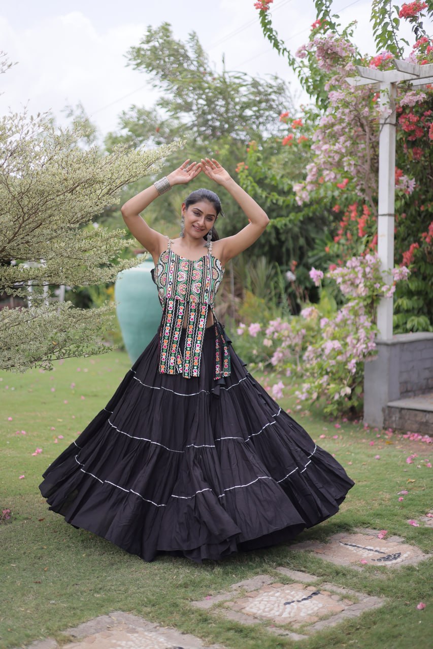 DESIGNER BLACK KORA COTTON KUTCHI EMBROIDERED PATCHWORK NAVRATRI LEHENGA CHOLI