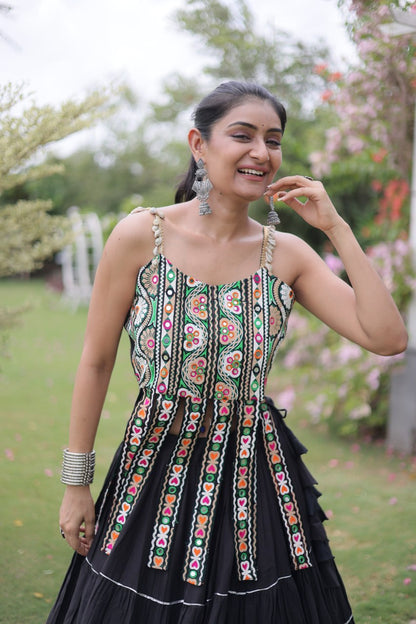DESIGNER BLACK KORA COTTON KUTCHI EMBROIDERED PATCHWORK NAVRATRI LEHENGA CHOLI