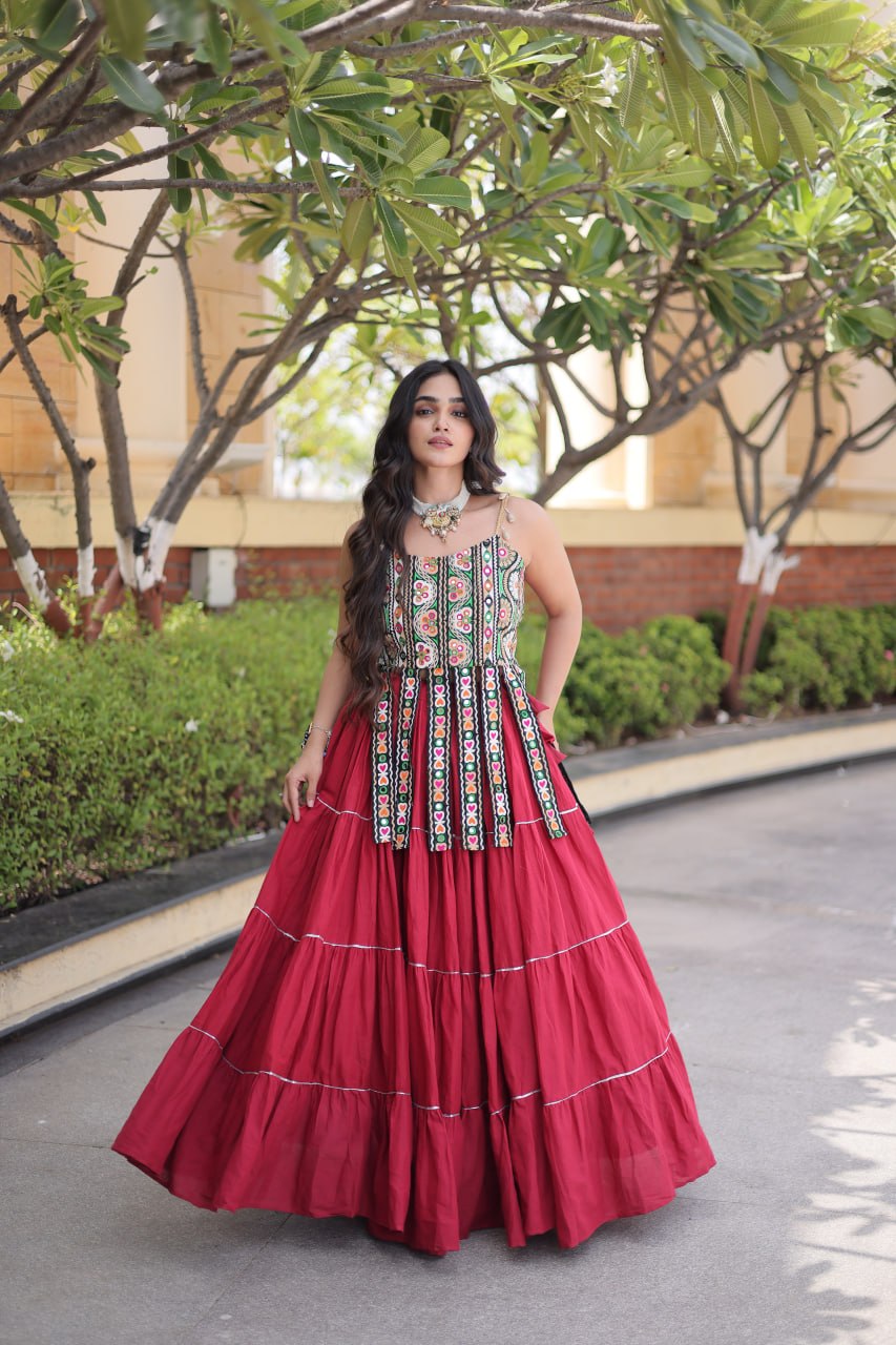 DESIGNER MAROON KORA COTTON KUTCHI EMBROIDERED PATCHWORK NAVRATRI LEHENGA CHOLI