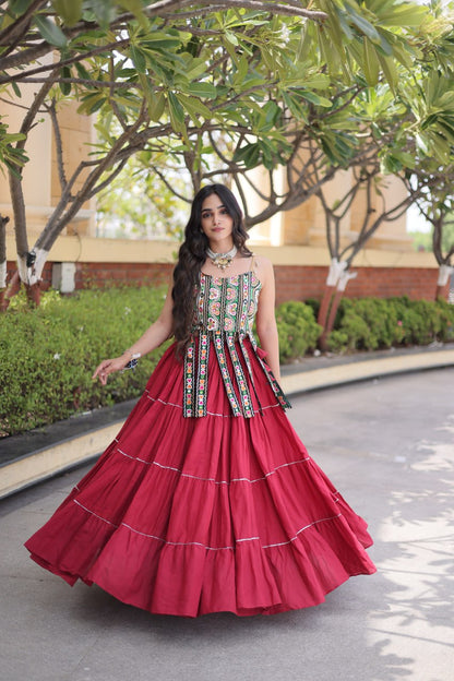 DESIGNER MAROON KORA COTTON KUTCHI EMBROIDERED PATCHWORK NAVRATRI LEHENGA CHOLI