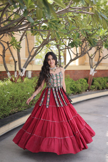 DESIGNER MAROON KORA COTTON KUTCHI EMBROIDERED PATCHWORK NAVRATRI LEHENGA CHOLI