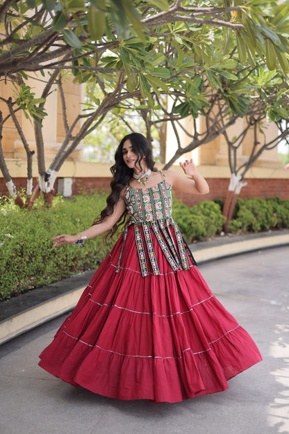 DESIGNER MAROON KORA COTTON KUTCHI EMBROIDERED PATCHWORK NAVRATRI LEHENGA CHOLI