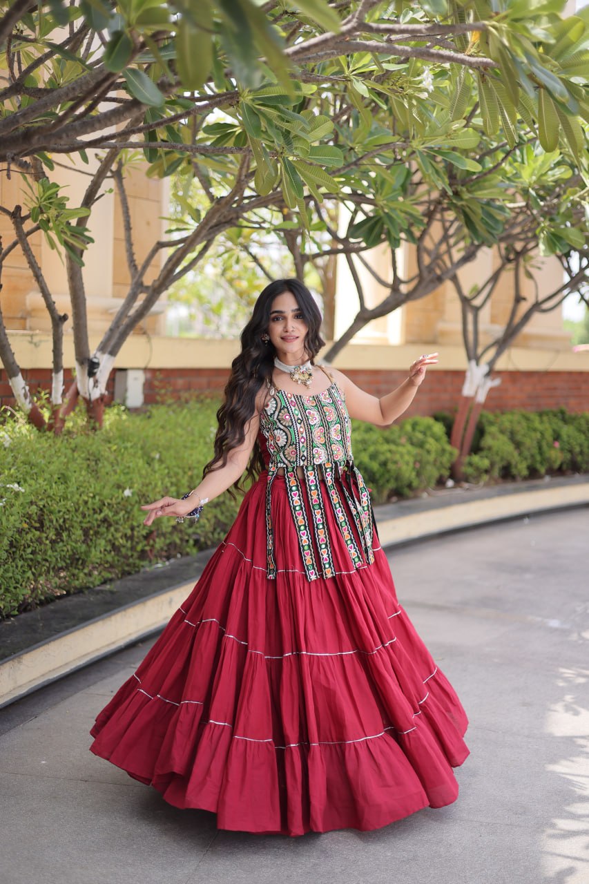 DESIGNER MAROON KORA COTTON KUTCHI EMBROIDERED PATCHWORK NAVRATRI LEHENGA CHOLI