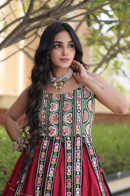 DESIGNER MAROON KORA COTTON KUTCHI EMBROIDERED PATCHWORK NAVRATRI LEHENGA CHOLI
