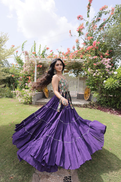 DESIGNER PURPLE KORA COTTON KUTCHI EMBROIDERED PATCHWORK NAVRATRI LEHENGA CHOLI