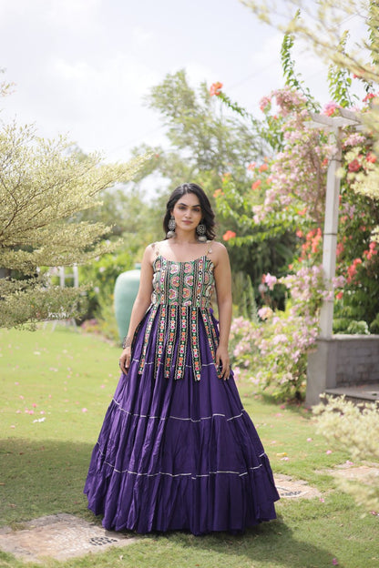 DESIGNER PURPLE KORA COTTON KUTCHI EMBROIDERED PATCHWORK NAVRATRI LEHENGA CHOLI