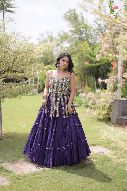 DESIGNER PURPLE KORA COTTON KUTCHI EMBROIDERED PATCHWORK NAVRATRI LEHENGA CHOLI
