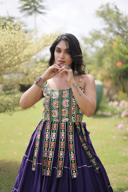 DESIGNER PURPLE KORA COTTON KUTCHI EMBROIDERED PATCHWORK NAVRATRI LEHENGA CHOLI