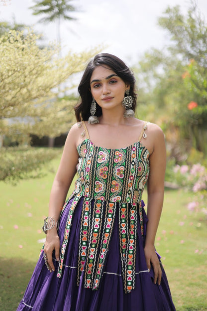 DESIGNER PURPLE KORA COTTON KUTCHI EMBROIDERED PATCHWORK NAVRATRI LEHENGA CHOLI