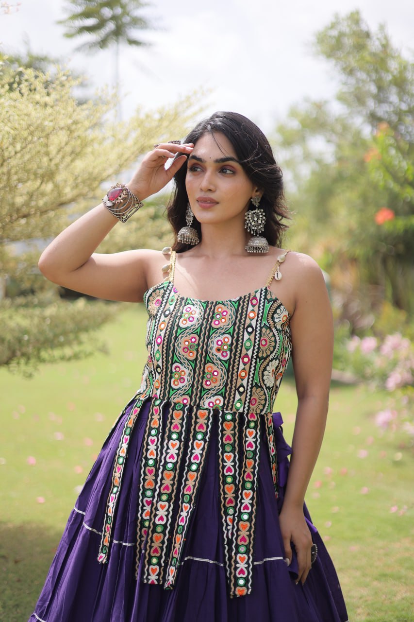 DESIGNER PURPLE KORA COTTON KUTCHI EMBROIDERED PATCHWORK NAVRATRI LEHENGA CHOLI