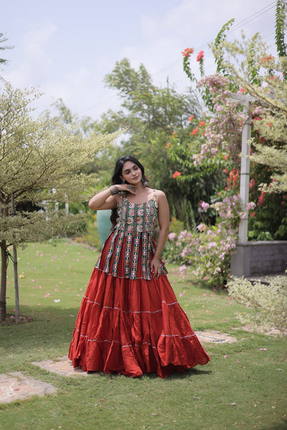 DESIGNER RED KORA COTTON KUTCHI EMBROIDERED PATCHWORK NAVRATRI LEHENGA CHOLI