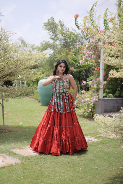 DESIGNER RED KORA COTTON KUTCHI EMBROIDERED PATCHWORK NAVRATRI LEHENGA CHOLI