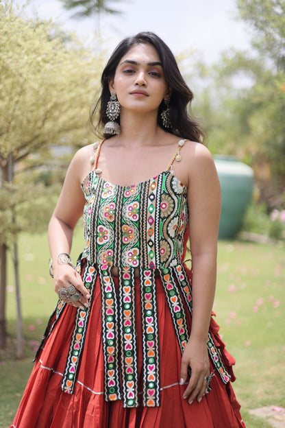 DESIGNER RED KORA COTTON KUTCHI EMBROIDERED PATCHWORK NAVRATRI LEHENGA CHOLI