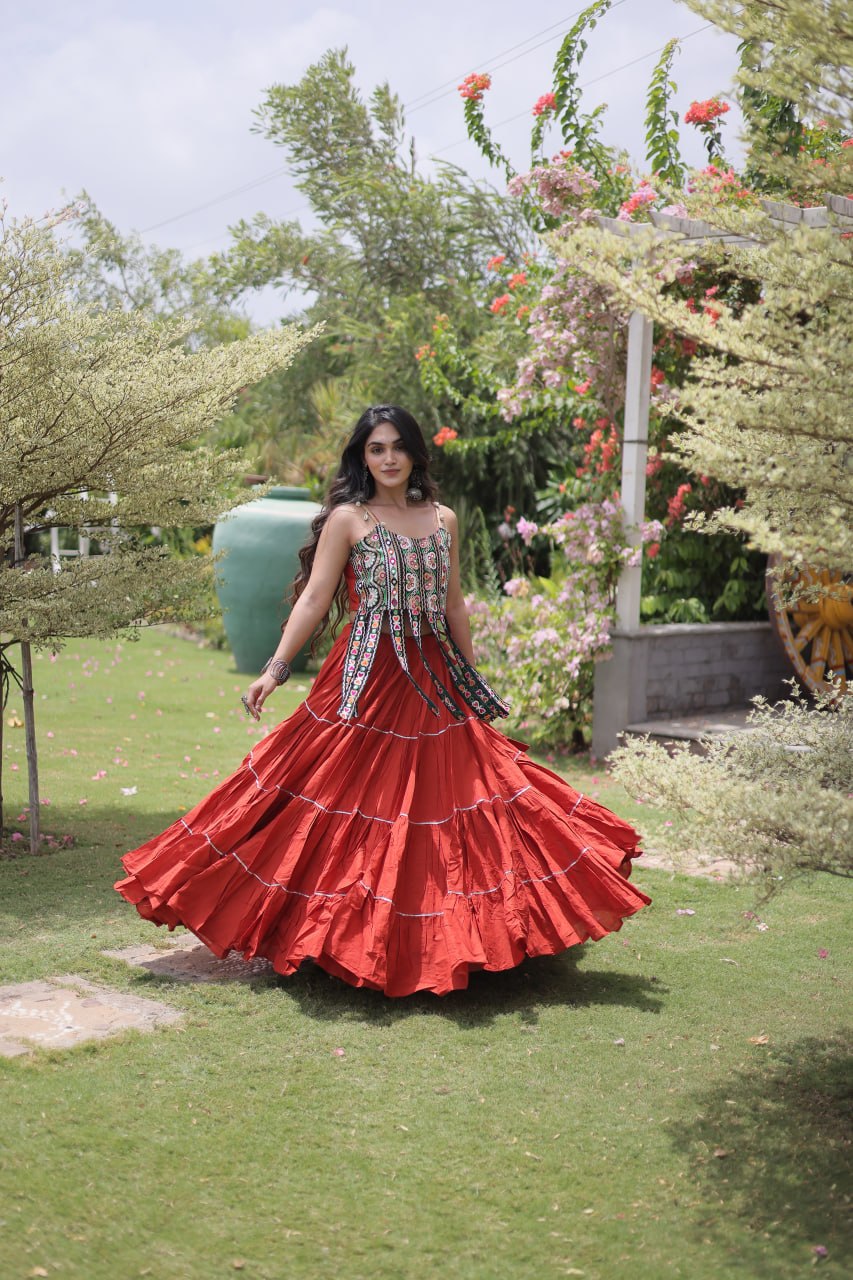DESIGNER RED KORA COTTON KUTCHI EMBROIDERED PATCHWORK NAVRATRI LEHENGA CHOLI
