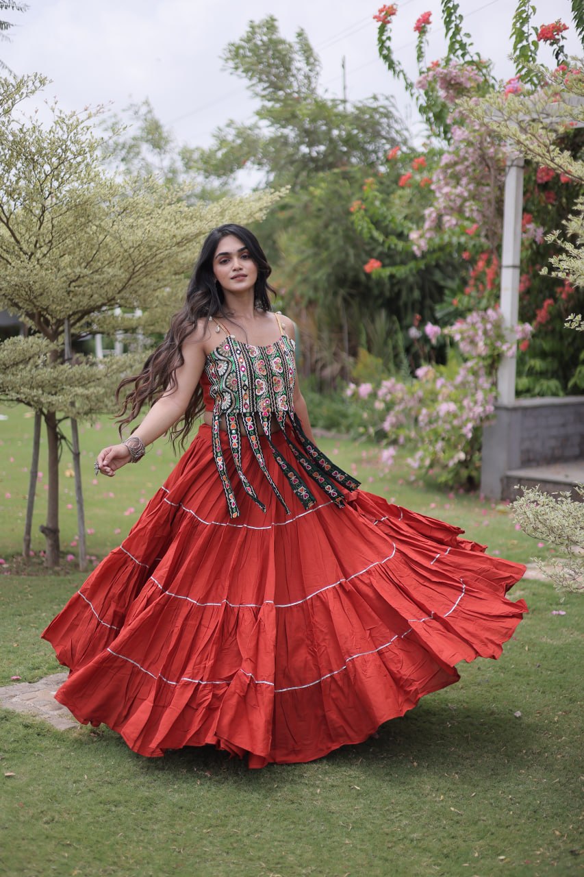 DESIGNER RED KORA COTTON KUTCHI EMBROIDERED PATCHWORK NAVRATRI LEHENGA CHOLI