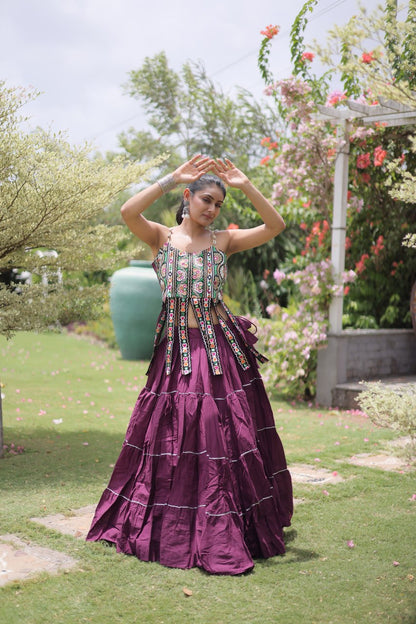 DESIGNER WINE KORA COTTON KUTCHI EMBROIDERED PATCHWORK NAVRATRI LEHENGA CHOLI