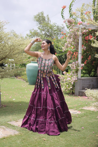 DESIGNER WINE KORA COTTON KUTCHI EMBROIDERED PATCHWORK NAVRATRI LEHENGA CHOLI