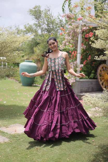DESIGNER WINE KORA COTTON KUTCHI EMBROIDERED PATCHWORK NAVRATRI LEHENGA CHOLI