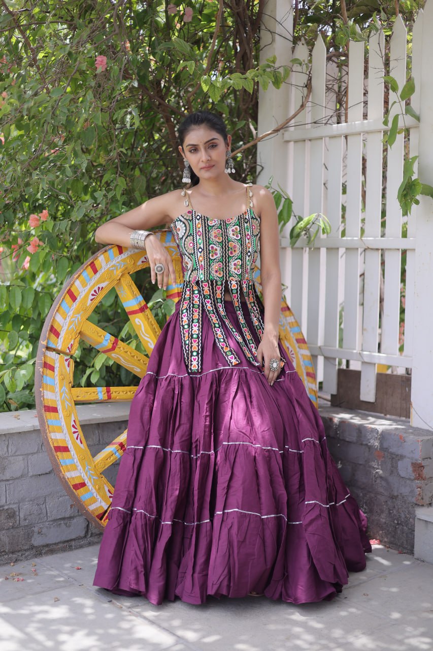 DESIGNER WINE KORA COTTON KUTCHI EMBROIDERED PATCHWORK NAVRATRI LEHENGA CHOLI