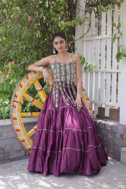DESIGNER WINE KORA COTTON KUTCHI EMBROIDERED PATCHWORK NAVRATRI LEHENGA CHOLI