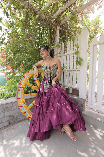 DESIGNER WINE KORA COTTON KUTCHI EMBROIDERED PATCHWORK NAVRATRI LEHENGA CHOLI