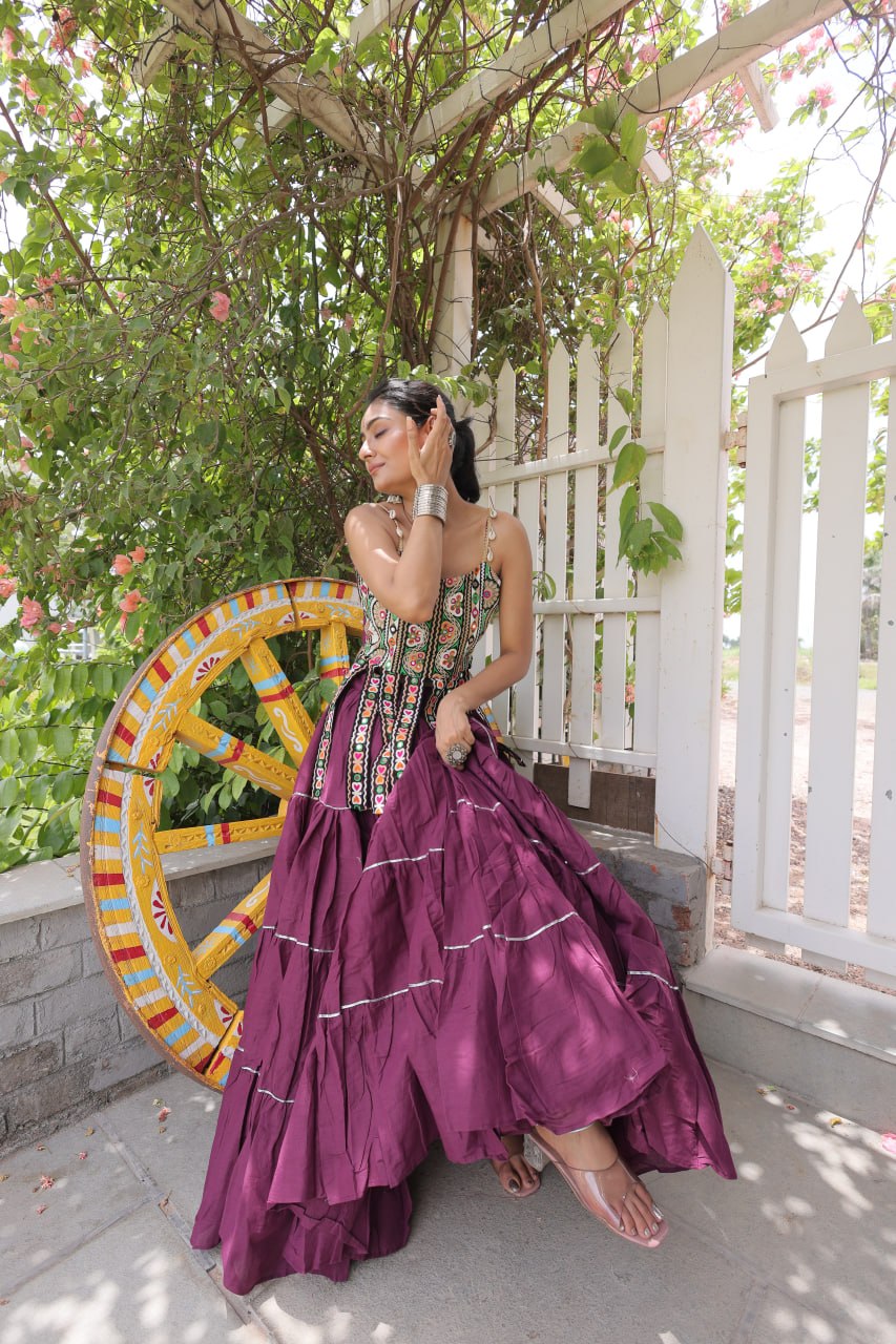 DESIGNER WINE KORA COTTON KUTCHI EMBROIDERED PATCHWORK NAVRATRI LEHENGA CHOLI