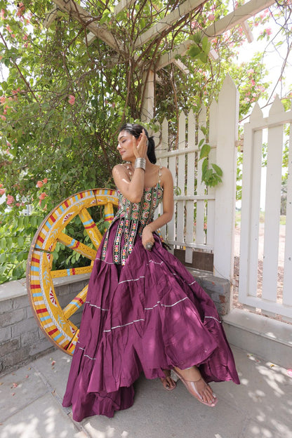 DESIGNER WINE KORA COTTON KUTCHI EMBROIDERED PATCHWORK NAVRATRI LEHENGA CHOLI