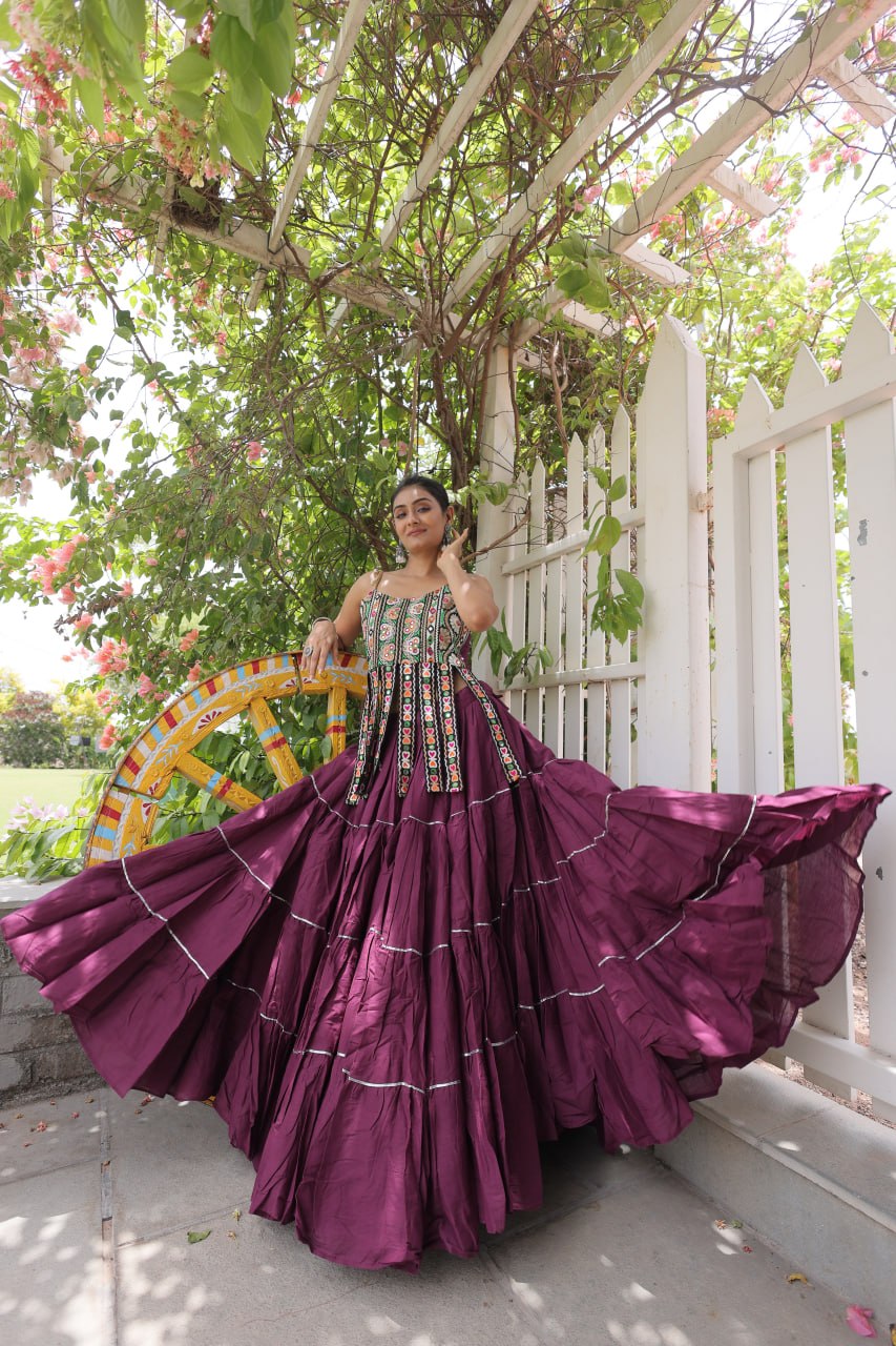 DESIGNER WINE KORA COTTON KUTCHI EMBROIDERED PATCHWORK NAVRATRI LEHENGA CHOLI