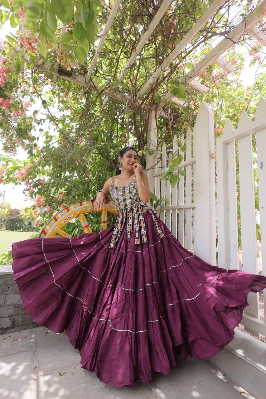 DESIGNER WINE KORA COTTON KUTCHI EMBROIDERED PATCHWORK NAVRATRI LEHENGA CHOLI