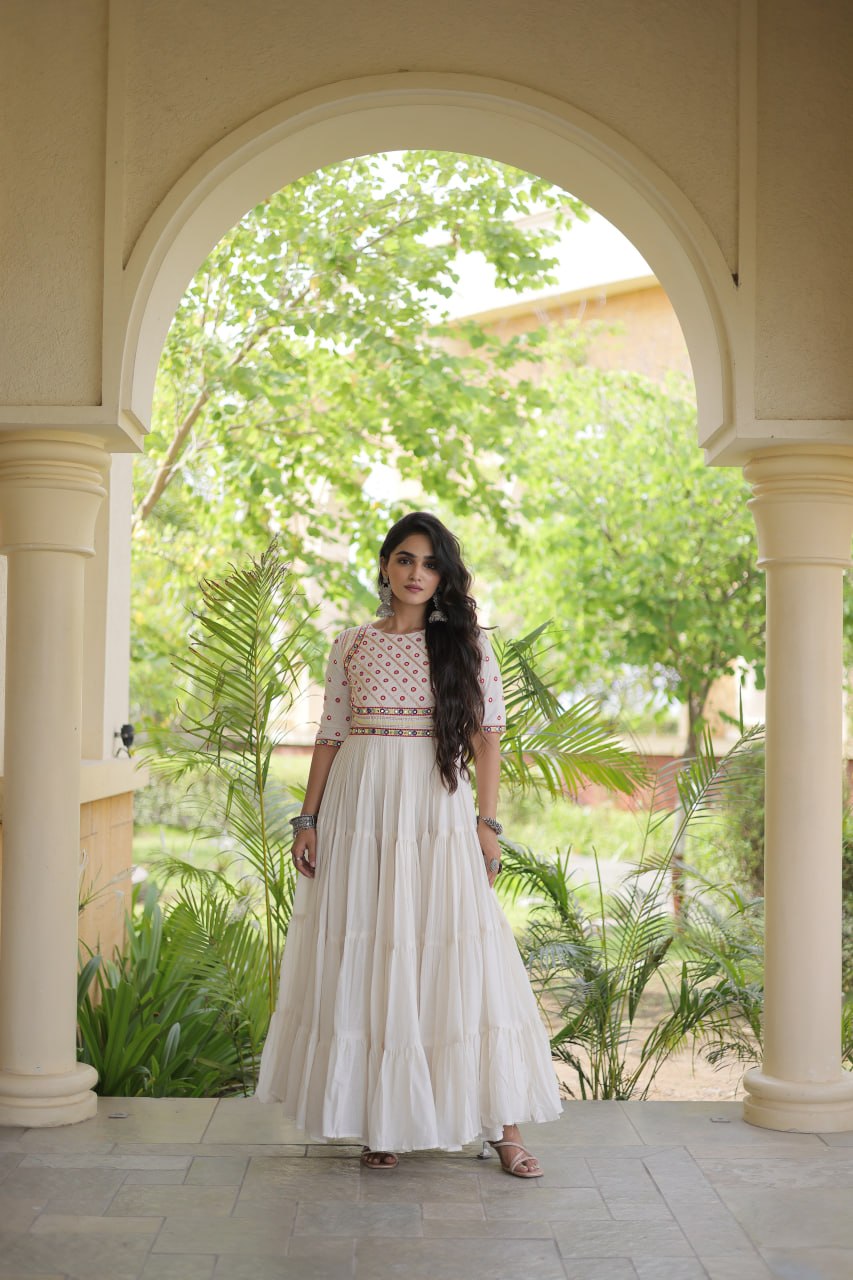 ESHANI OFF WHITE GOTA PATTI & MIRROR WORK FULLY FLARED NAVRATRI GOWN
