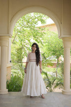 ESHANI OFF WHITE GOTA PATTI & MIRROR WORK FULLY FLARED NAVRATRI GOWN