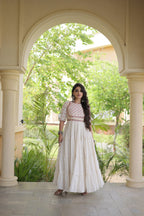 ESHANI OFF WHITE GOTA PATTI & MIRROR WORK FULLY FLARED NAVRATRI GOWN