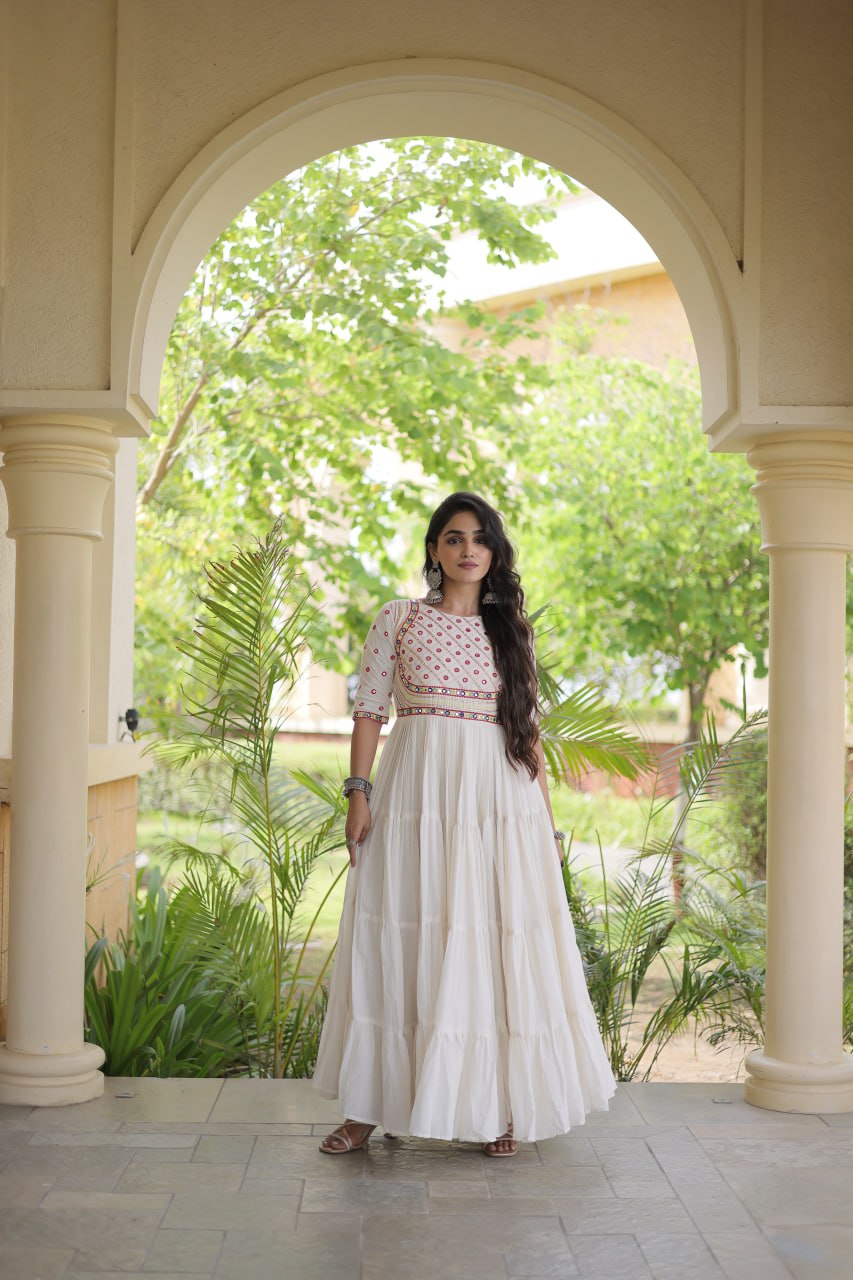 ESHANI OFF WHITE GOTA PATTI & MIRROR WORK FULLY FLARED NAVRATRI GOWN