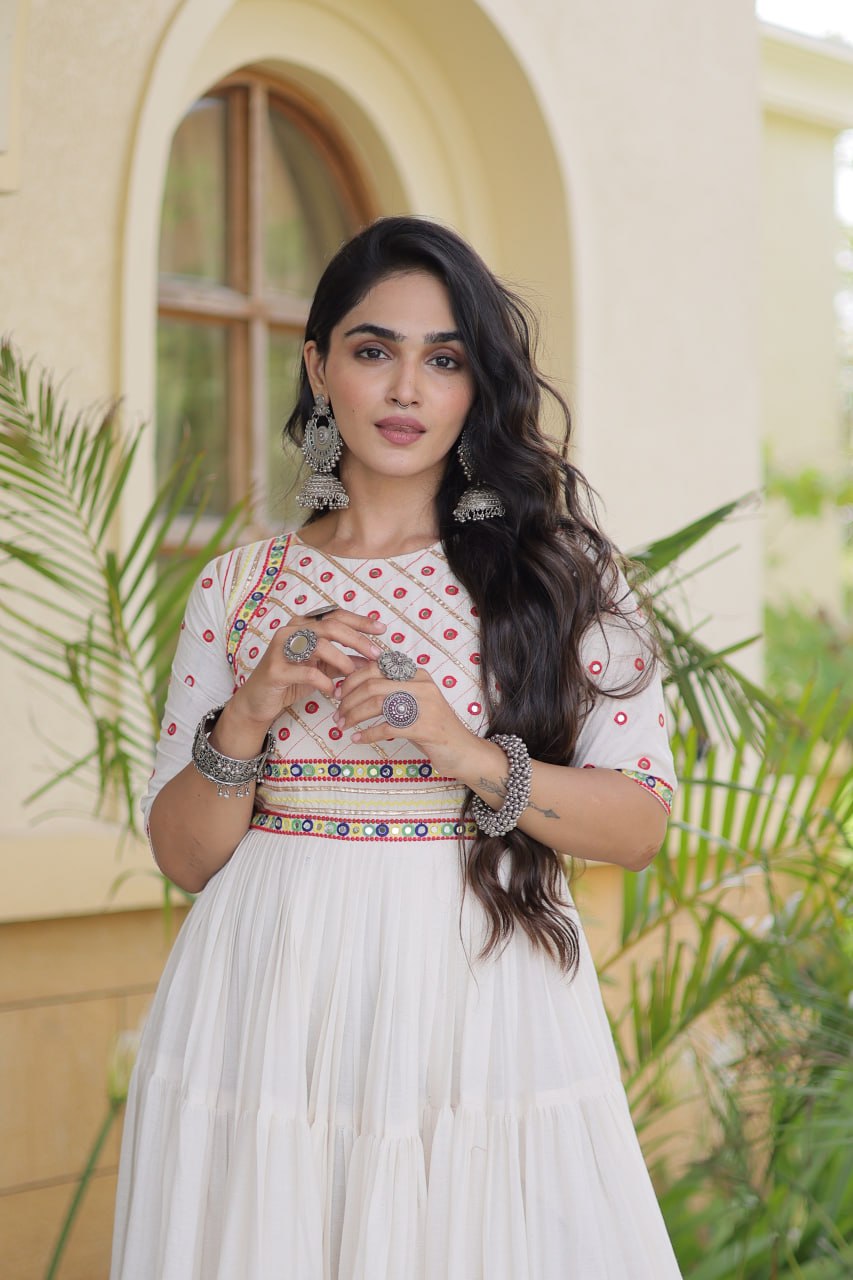 ESHANI OFF WHITE GOTA PATTI & MIRROR WORK FULLY FLARED NAVRATRI GOWN