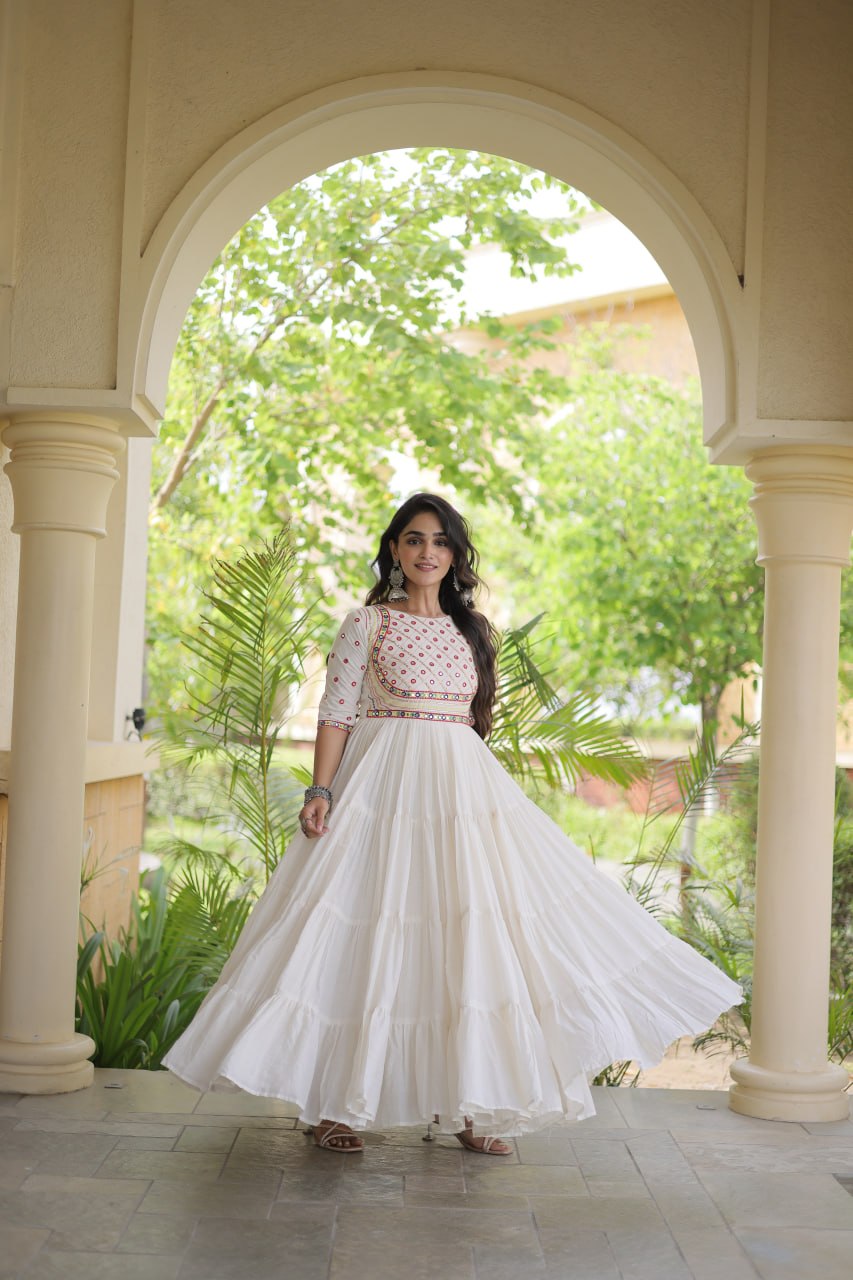 ESHANI OFF WHITE GOTA PATTI & MIRROR WORK FULLY FLARED NAVRATRI GOWN