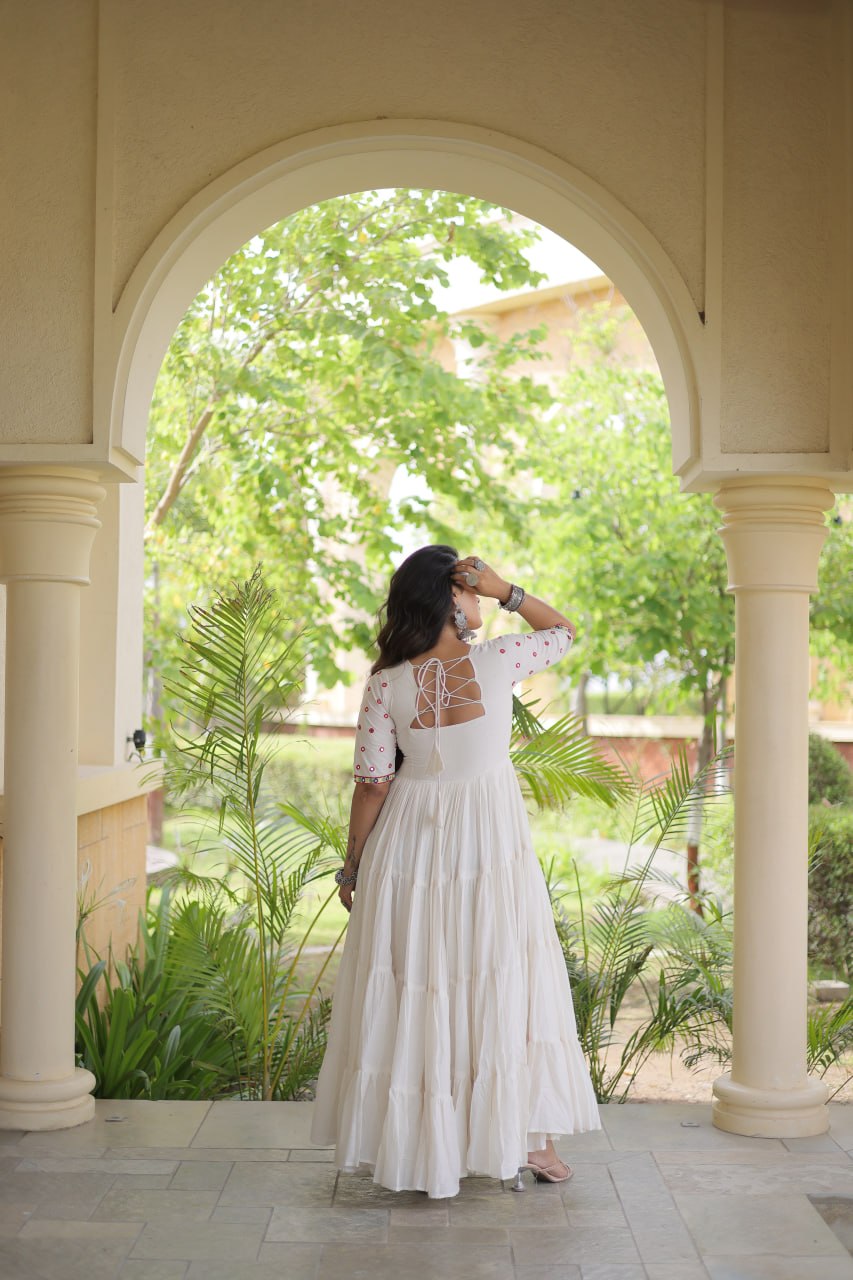 ESHANI OFF WHITE GOTA PATTI & MIRROR WORK FULLY FLARED NAVRATRI GOWN