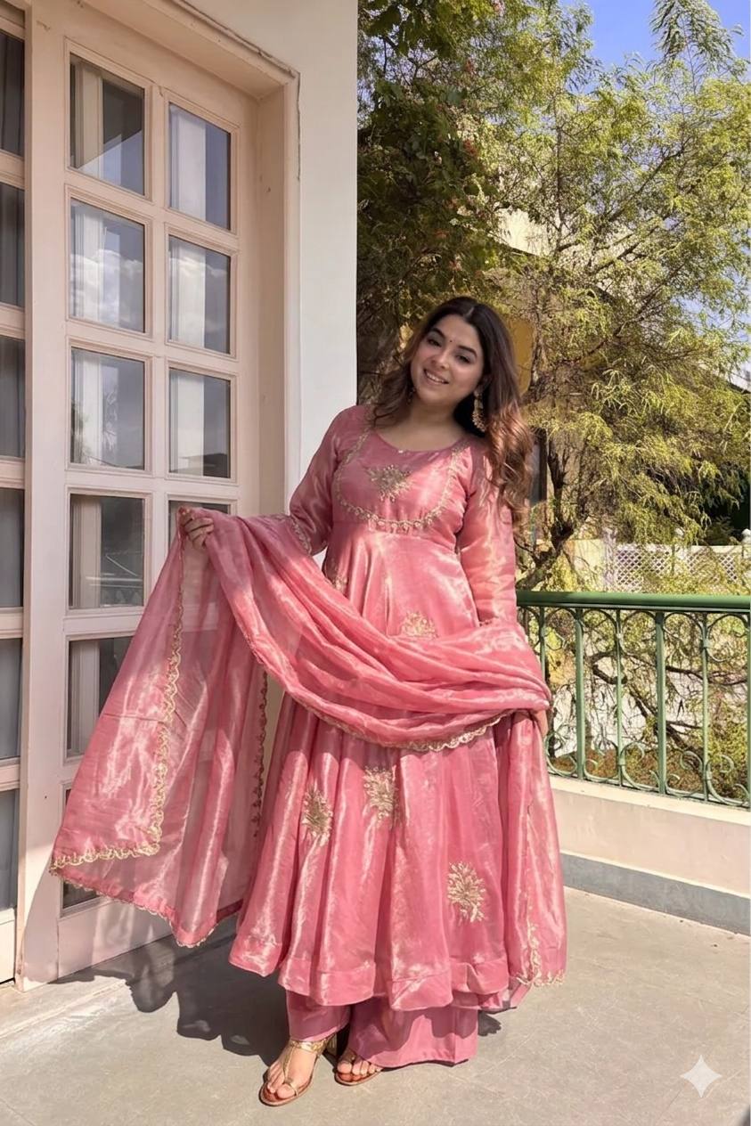 PINK DESIGNER ANARKALI WITH SABYASACHI STYLE NECKLINE