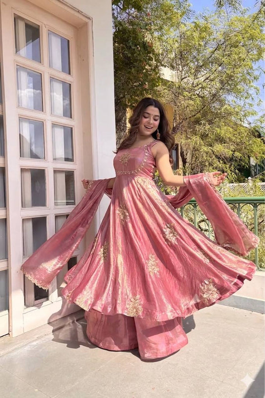 PINK DESIGNER ANARKALI WITH SABYASACHI STYLE NECKLINE