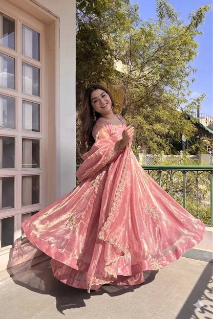 PINK DESIGNER ANARKALI WITH SABYASACHI STYLE NECKLINE