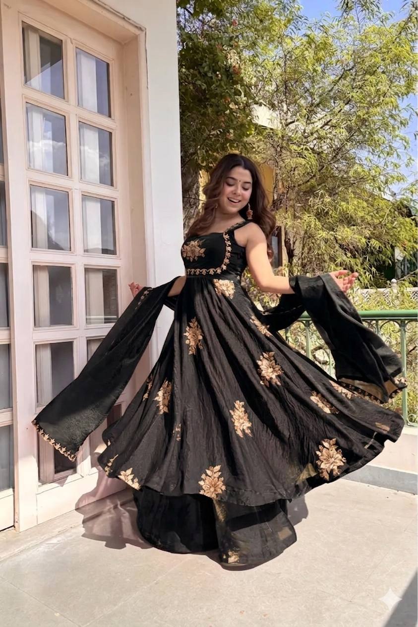 BLACK DESIGNER ANARKALI WITH SABYASACHI STYLE NECKLINE