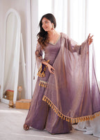 MAUVE PURPLE DESIGNER KURTA PALAZZO SET WITH TASSEL DUPATTA