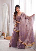 MAUVE PURPLE DESIGNER KURTA PALAZZO SET WITH TASSEL DUPATTA
