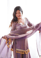 MAUVE PURPLE DESIGNER KURTA PALAZZO SET WITH TASSEL DUPATTA